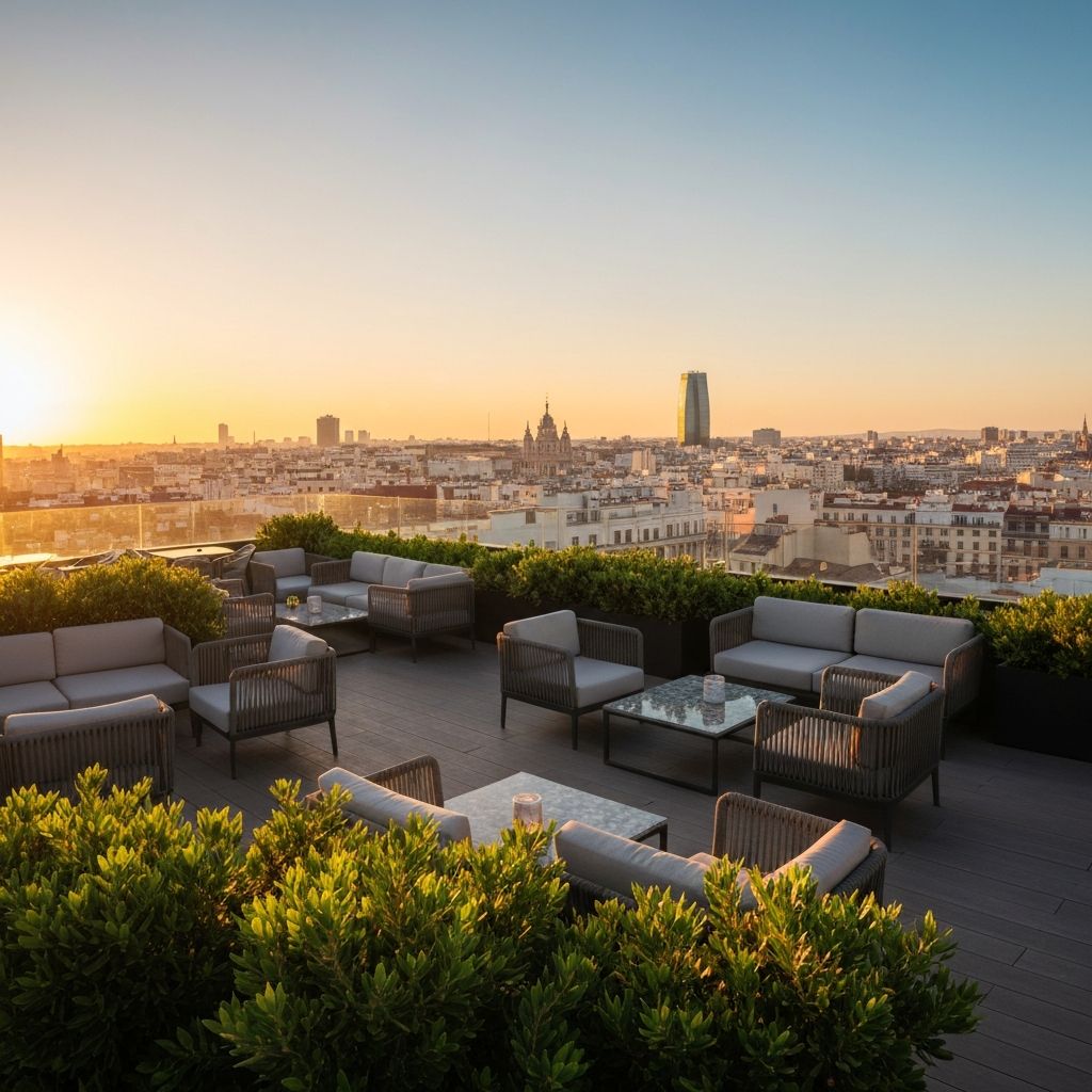 Terraza de hotel boutique al amanecer en Madrid